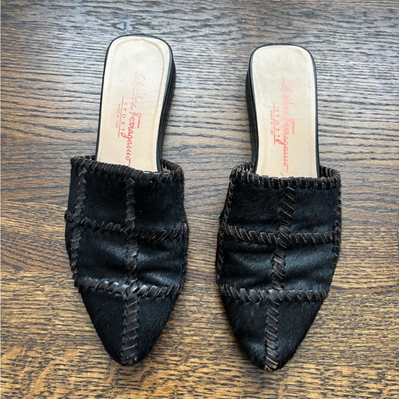 Salvatore Ferragamo Shoes - Salvatore Ferragamo Cow Hide Slide-On Loafer Mules in Black. Size 9.5.
